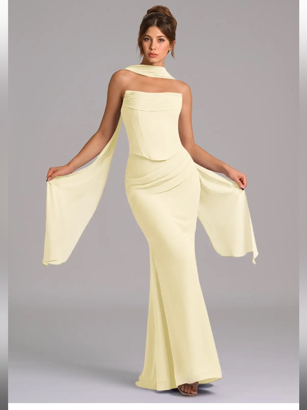 Azazie Pale Yellow Strapless Mermaid Gown with Draped Scarf